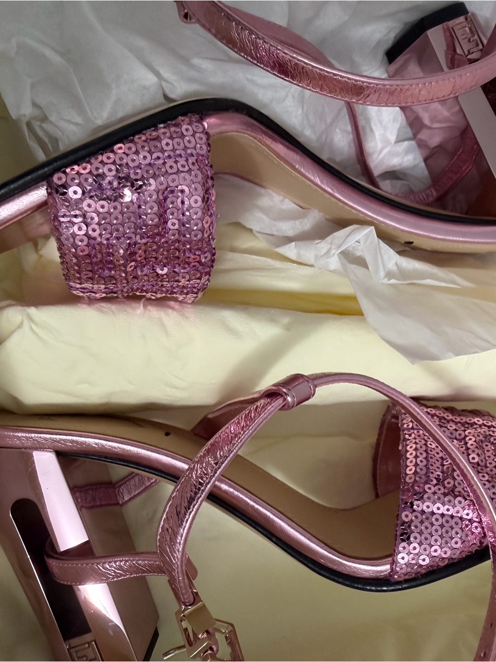 Fendi Metallic Pink Sequin Block Heel Sandals